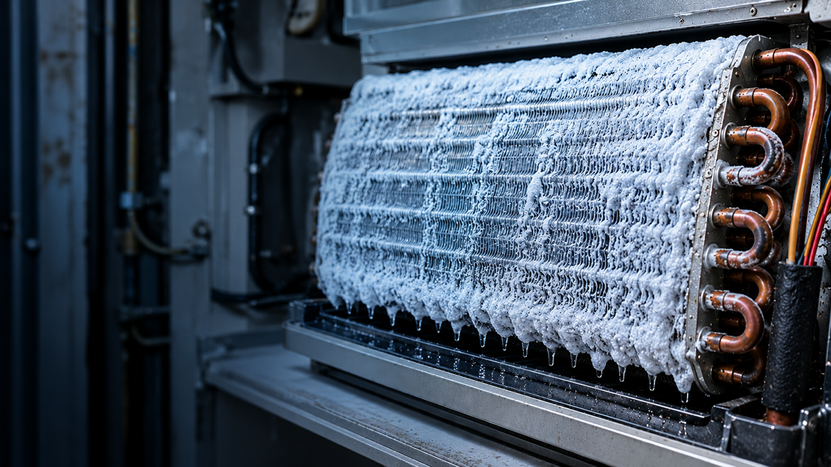 Frozen evaporator coil with ice buildup inside an air conditioning system
