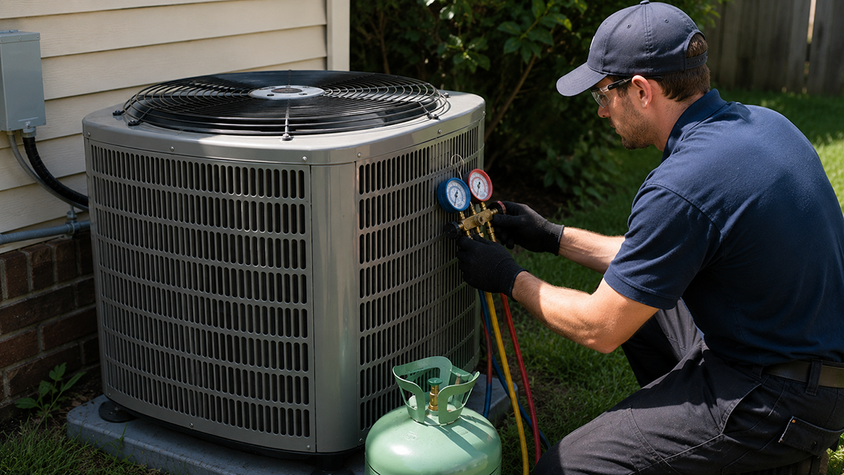 Technician checking an outdoor AC unit for a refrigerant-related cooling problem