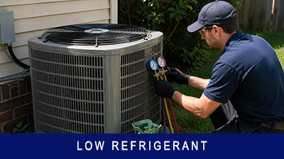 Technician gauges checking refrigerant-related AC problem