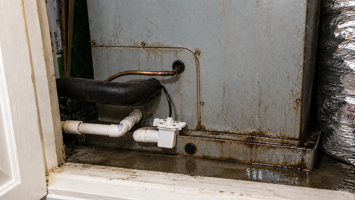 Water leaking from an indoor air handler because of a clogged condensate drain line